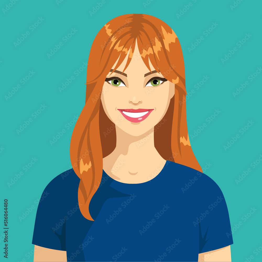 Portrait of a smiling young woman with red flowing hair. The girl is isolated on a turquoise background. Avatar of a happy woman in blue clothes. Vector. Portrait of a smiling young woman with red flowing hair. The girl is isolated on a turquoise background. Avatar of a happy woman in blue clothes. Vector.