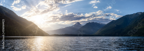Lake, trees and mountains in Canadian Landscape. Chilliwack Lake, British Columbia, Canada. Nature Background. Panorama