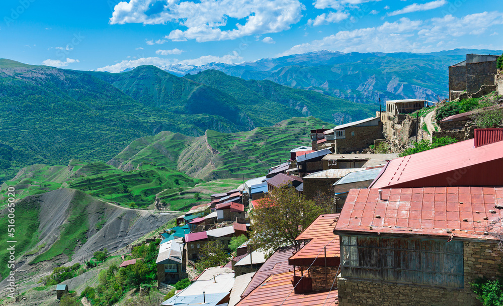 houses on a rocky slope in the mountain village of Chokh in Dagestan