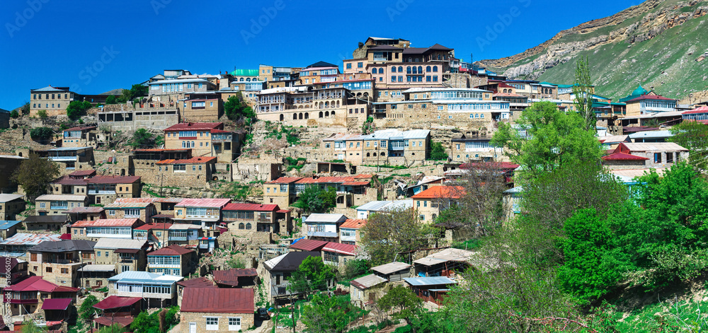 Naklejka premium ancient mountain village Chokh over rocky valley in Dagestan
