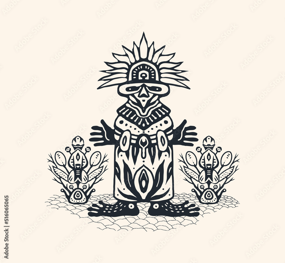 Obraz premium Emblem with Indian shaman of South America. Stylized tribal graphics, design element. Vector illustration