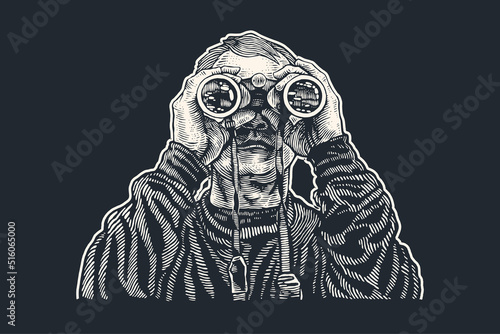 A man with binoculars looks into the distance. Hand Drawn Character. Engraving Style. Vector Illustration photo
