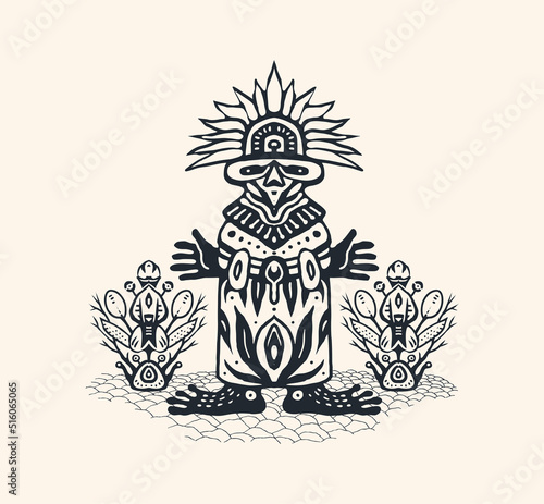 Emblem with Indian shaman of South America. Stylized tribal graphics, design element. Vector illustration