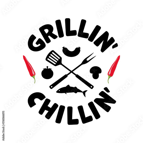 Grillin Chillin Barbecue party Grill tools Spatula Fork with Sausage Tomato Mushroom Fish Chili Pepper Grilling and Chilling