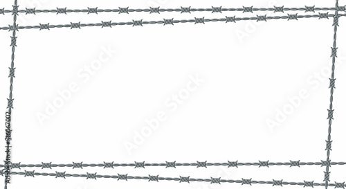 Vector illustration of barbed wire isolated on white background. Rectangular shape frame from twisted barbwire. Security fence backdrop. 
