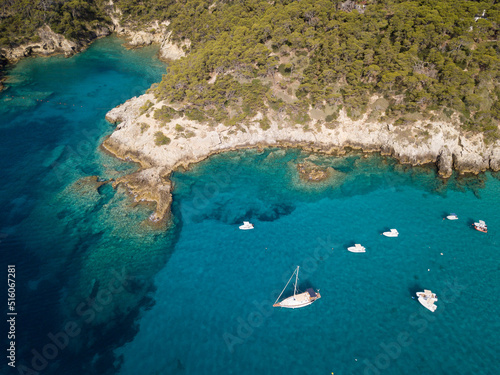 Italy, July 2022. Aerial view of the Quakes islands with their Caribbean sea