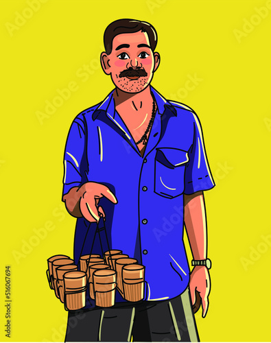   Indian tea seller with many glasses of tea.