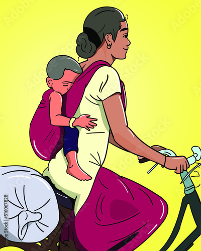 Indian working mother with her child , cycling woman