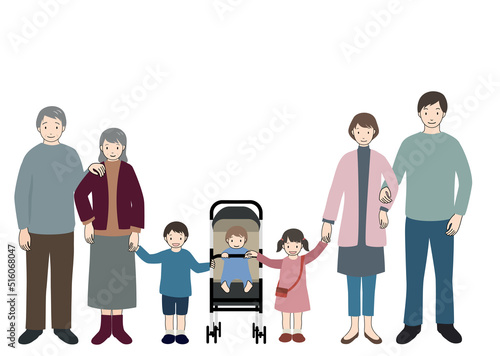 楽しそうに手を繋いで正面を向いている3世代家族のセット