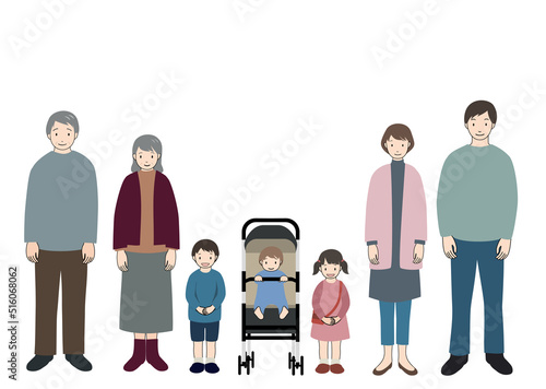 楽しそうに笑顔で正面を向いている3世代家族のセット