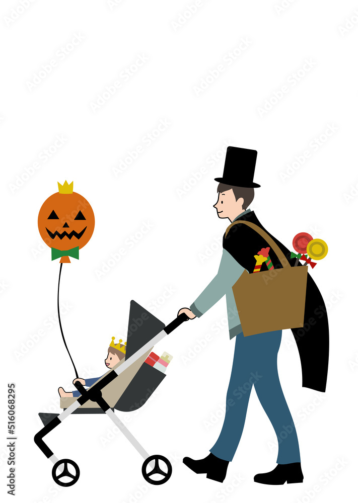 ハロウィンの仮装をしている赤ちゃんとベビーカーを押している男性の手描きイラスト