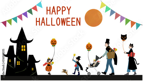 ハロウィンの仮装をしてお出かけしている家族と犬、背景と文字のセット