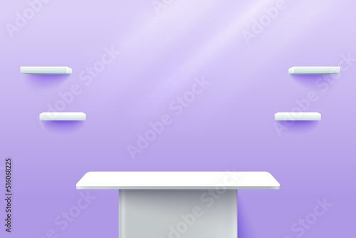 Set of white shelf with table stand for product showcase on purple background 