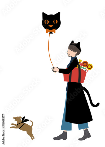 ハロウィンの仮装をしてお出かけしている女性と犬の手描きイラストセット