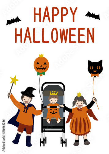 ハロウィンの仮装をしてお出かけしている子供たちと文字のセット