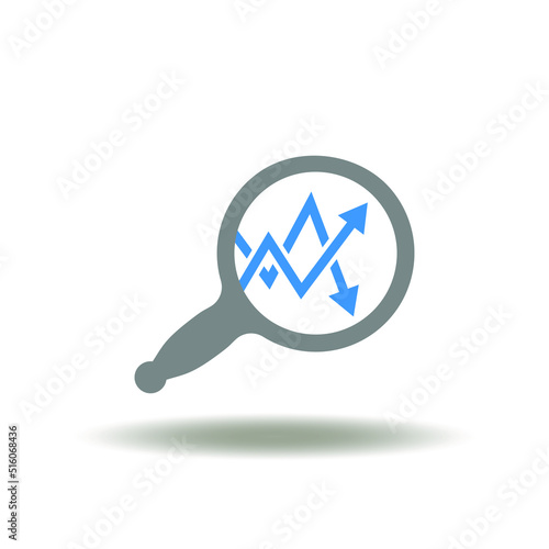 Vector illustration of magnifying glass with growth and fall charts. Icon of business finance data analytics, investment, risk. Sign of volatile money. Symbol of volatility index analysis.