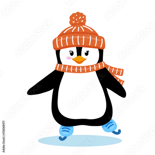 Penguin in hat and scarf skates on ice in winter. Cute penguin skater isolated on white. Childish vector character.