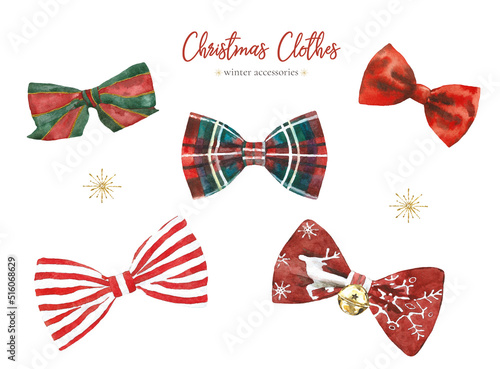 Christmas clothes set of watercolor bowties object isolated, winter clothes accessories, warm christmas decor, new year, hipster clothes, create character overlay,drop,clipart, diy