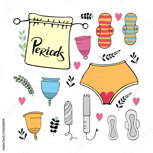 set of modern hygiene products for menstruation. nice cute picture about menstruation. tampons, pads, menstrual cups and panties. feminine hygiene. isolated vector illustration