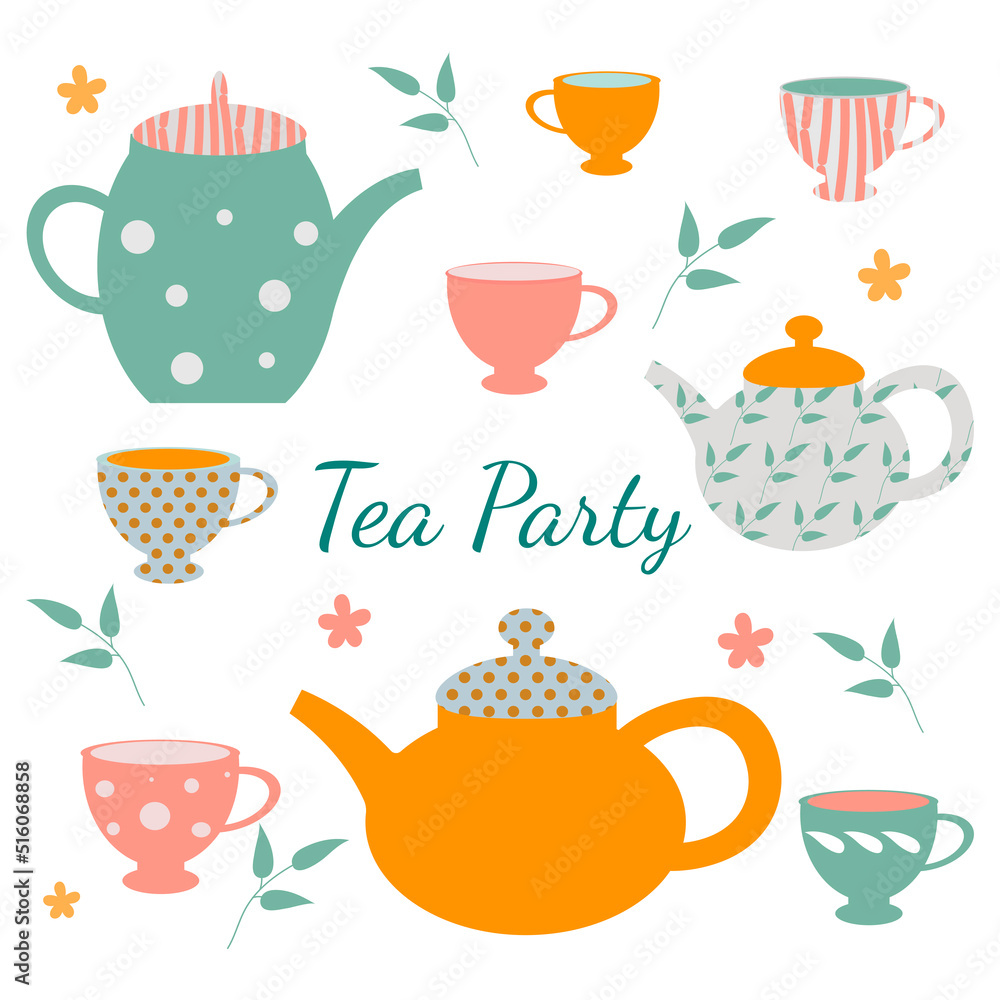 Tea party elements collection. Hand drawn tea vector icons. Teapots and ...