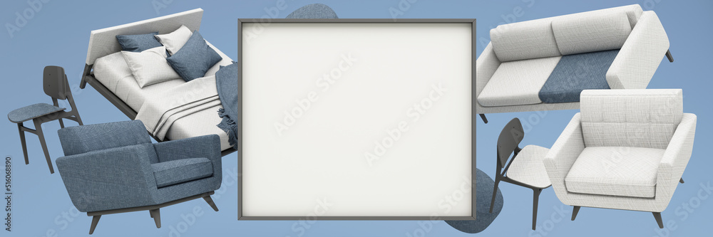 interior design concept Sale of home decorations and furniture During promotions and discounts, it is surrounded by beds, sofas, armchairs and advertising spaces banner. pastel background. 3d render interior design concept Sale of home decorations and furniture During promotions and discounts, it is surrounded by beds, sofas, armchairs and advertising spaces banner. pastel background. 3d render
