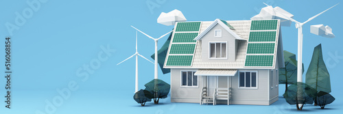 Clean energy concept on World Environment Day, sustainable energy or International Day of Forests concept tree and earth globe with solar cell panel with windmill on pastel background. 3d rendering