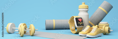 wireless smart watch with red heart and sport equipment, sport fitness equipment, male and female concept, yoga mat, dumbbells, weights, with Fitness shoes and pulse watches widescreen. 3d rendering