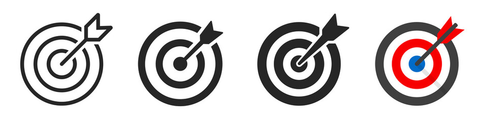 Target icons set. Goal symbol collection. Simple target with arrow. Darts icon. Hitting the bullseye icon line and flat style