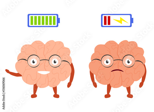 Cute brain character with low and full life battery. Tiredness and happiness concept. Cartoon vector illustration isolated on white background. Sad unhappy fatigue and cheerful smiling face.