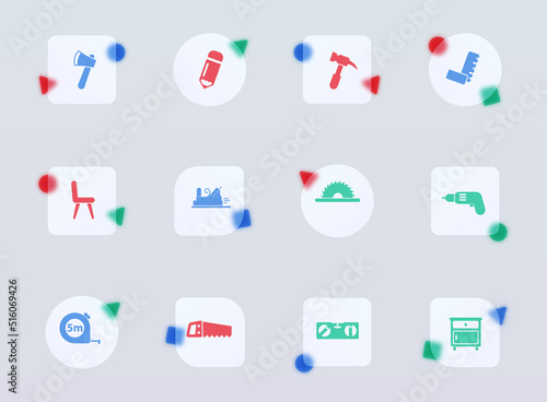 joinery glass morphism trendy style icons. joinery transparent glass color vector icon with color figures. for web and ui design, mobile apps and promo business advertising