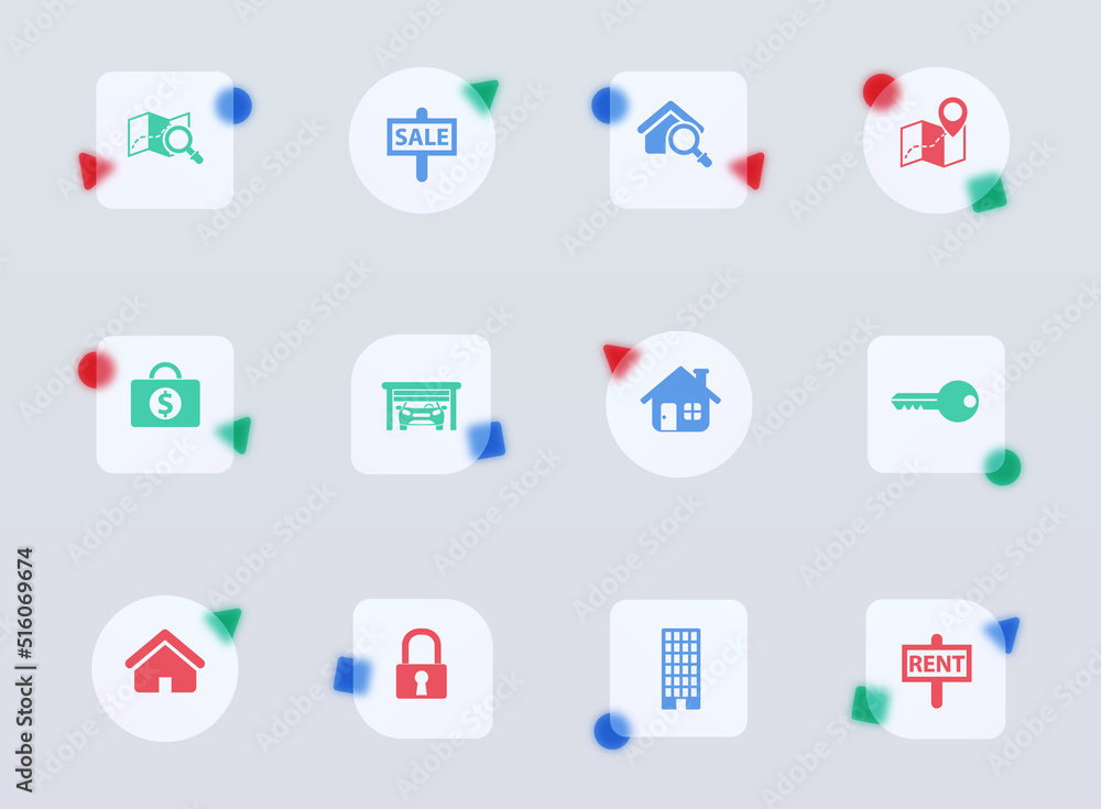 real estate glass morphism trendy style icons. public transport transparent glass color vector icon with color figures. for web and ui design, mobile apps and promo business advertising real estate glass morphism trendy style icons. public transport transparent glass color vector icon with color figures. for web and ui design, mobile apps and promo business advertising