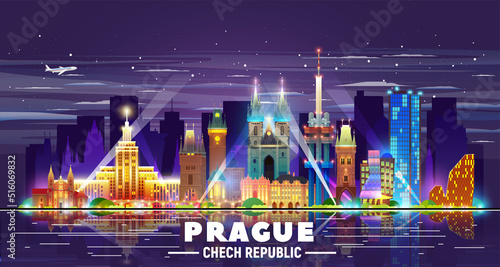Prague ( Czech Republic ) night skyline with panorama in sky background. Vector Illustration. Business travel and tourism concept with modern buildings. Image for banner or web site.
