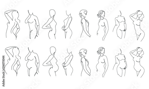 Collection. Slim girl silhouettes in modern single line style. The woman is pregnant. Solid line, outline aesthetic decor, posters, stickers, logo. Set of vector illustrations.
