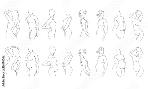Collection. Slim girl silhouettes in modern single line style. The woman is pregnant. Solid line, outline aesthetic decor, posters, stickers, logo. Set of vector illustrations.