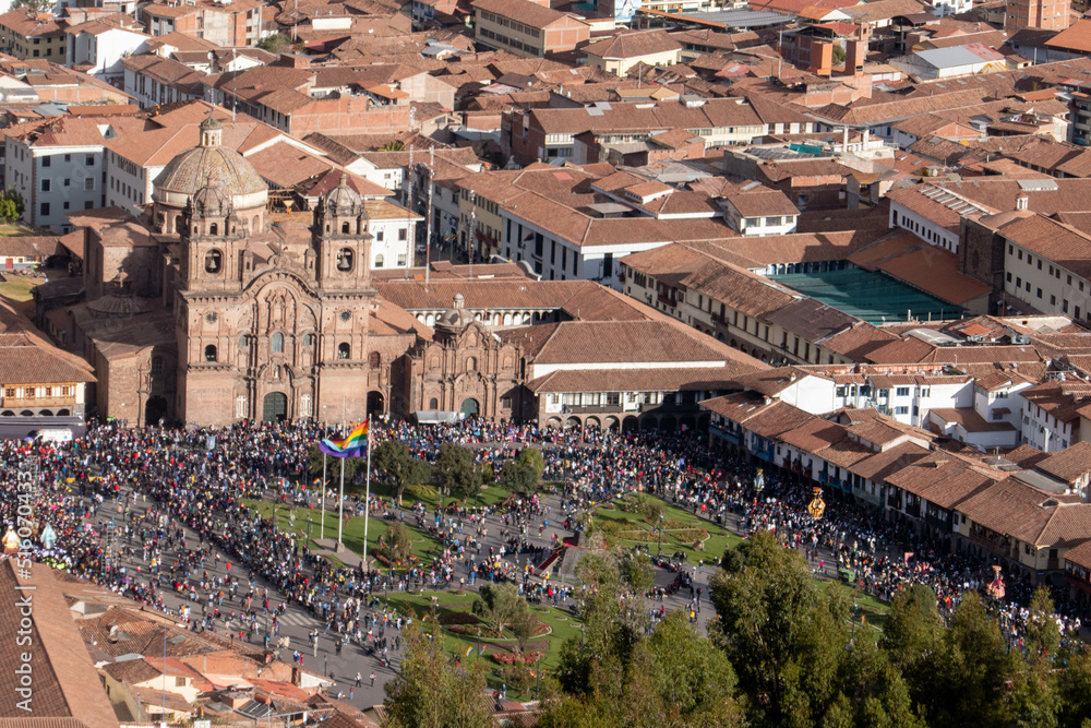 view from the top of the city on the plaza de armas and cathedral of Cusco (Peru) during the week before the Inti Raymi festival of sun