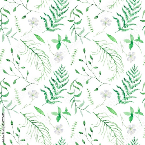 Seamless pattern with watercolor ferns and forest herbs on a white background