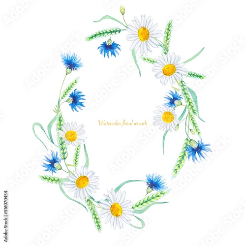 Floral watercolor wreath of meadow flowers, cornflowers, daisies, spikelets of wheat © Diasha Art