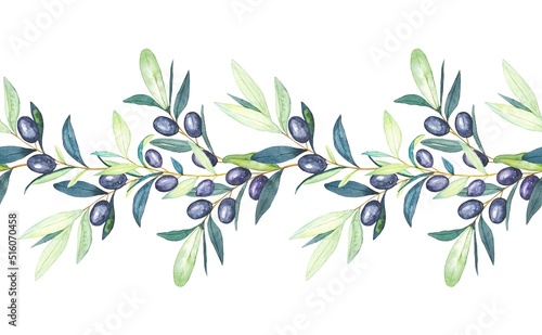 Seamless garland of olive branches , border with olive branches. Watercolor hand draw illustration.
