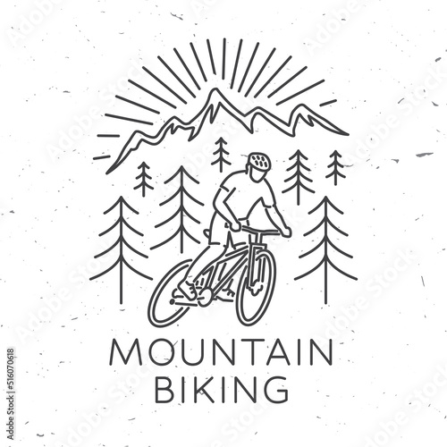 Mountain biking. Vector illustration. Concept for shirt or logo, print, stamp or tee. Vintage line art design with man riding bike and forest silhouette. Outdoor adventure.