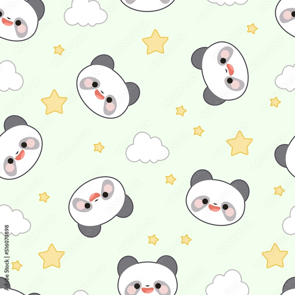 Seamless pattern of panda faces, clouds and stars on a green background.