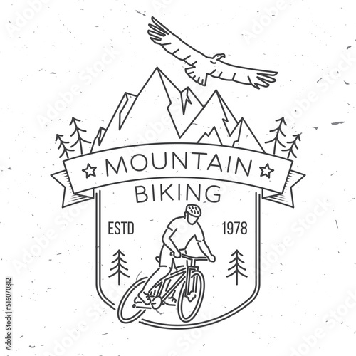 Downhill mountain biking. Vector illustration. Concept for shirt or logo, print, stamp or tee. Vintage line art design with man riding bike and mountain silhouette. Extreme sport.