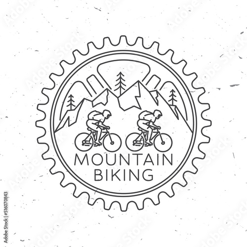 Set of Mountain bikings clubs. Vector illustration. Concept for shirt or logo, print, stamp or biking tourism. Vintage line art design with forest, mountain bikes silhouette. Outdoor adventure.