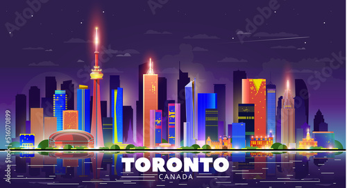 Toronto (Canada) night city skyline sky background. Flat vector illustration. Business travel and tourism concept with modern buildings. Image for banner or web site.