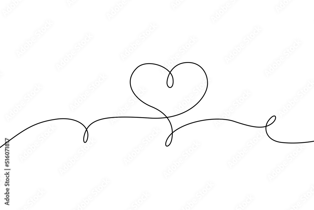 Love heart continuous line drawing. Black isolated linear template. Comic Doodle concept design art. Outline simple border for social media, web sites, dialog chat. Vector illustration.