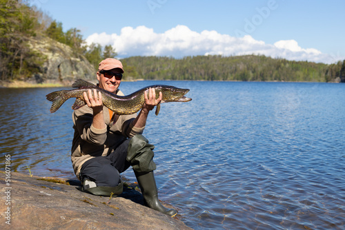 A happy fisherman is holding a big pike, a trophy. Northern nature.