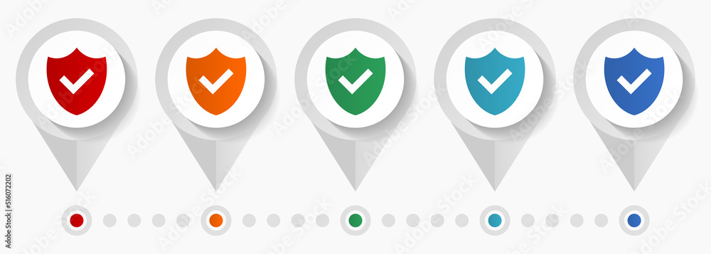 Shield concept vector icons, editable infographic template, set of colorful flat design pointers Shield concept vector icons, editable infographic template, set of colorful flat design pointers