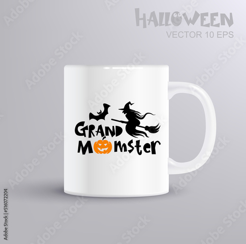 Grandmomster - fun lettering for halloween with witch, bat and pumpkin. Illustration with coffee mug mockup