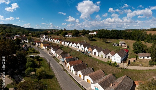 Wine cellars in the village of Villanykovesd, Villany, Hungary. Aerial drone photo. photo