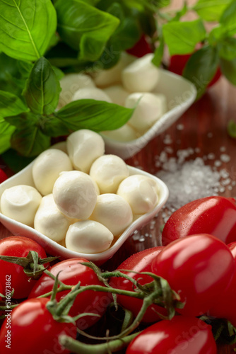 Mozzarella cheese with basil and tomatoes on an old wooden table.