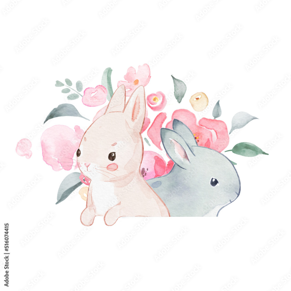 Watercolor background with two little rabbits white and grey and pink rose flowers